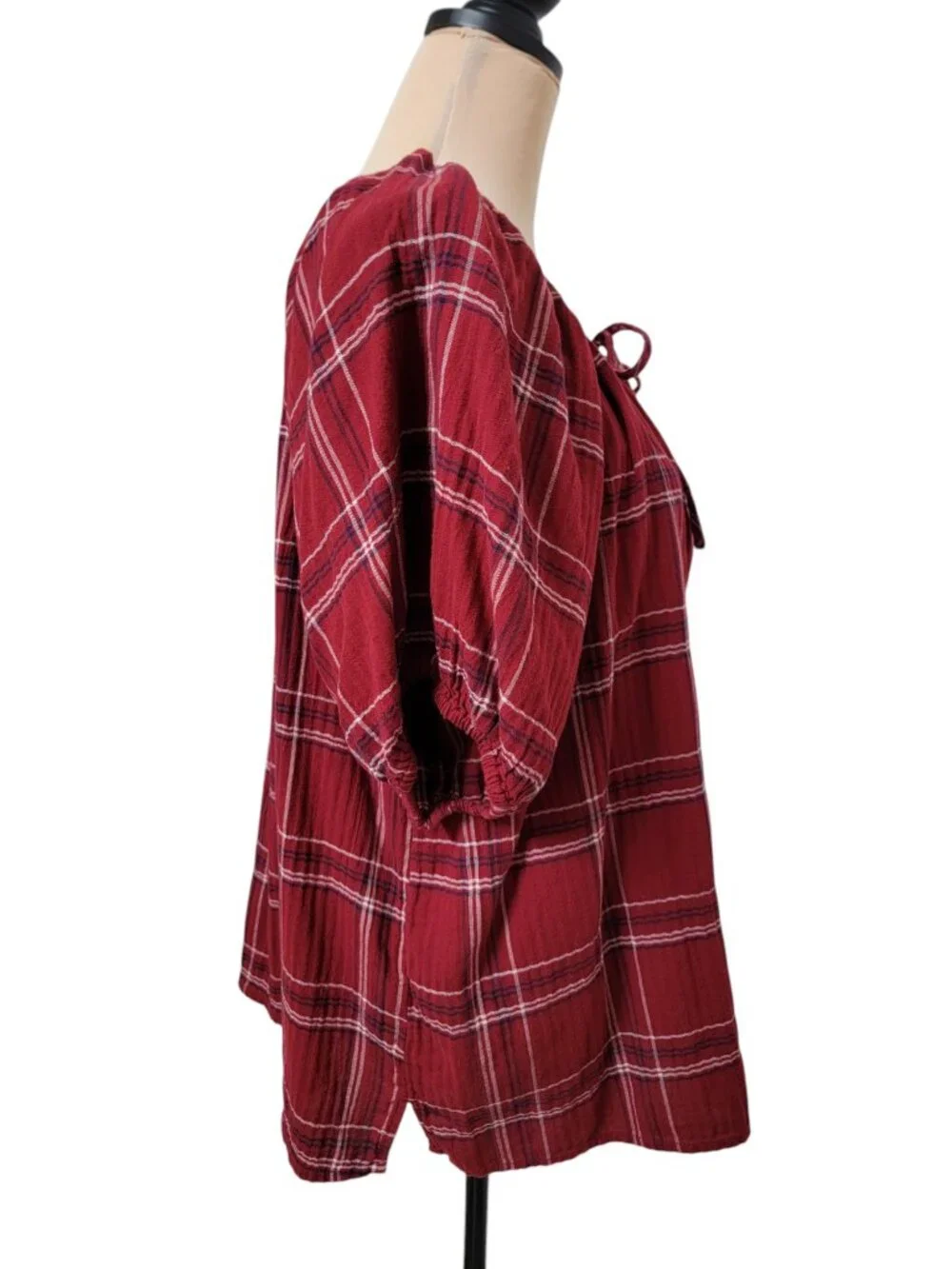 Loft Size XL Burgundy , White and Blue Plaid Split Neck Puffed Sleeve Blouse